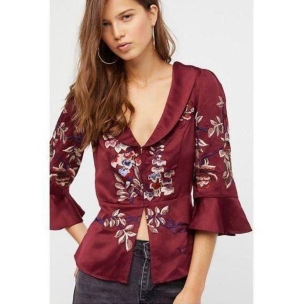 Free People Beautiful Dreams Burgundy Floral 
Embroidered Top in size Small